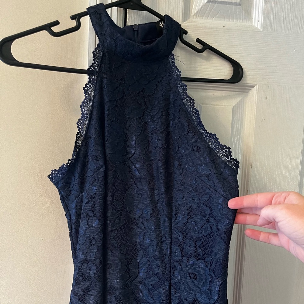 Semi-formal halter dress with lace over layer